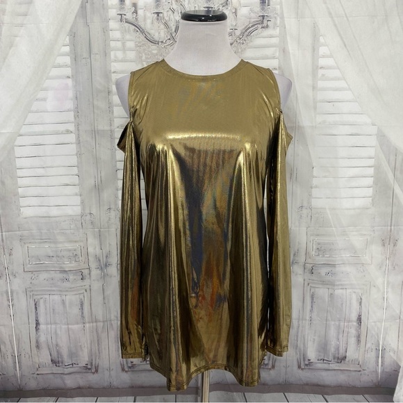 Michael Kors Gold Black Long Sleeve Cold Shoulder Shirt Long Sleeve Blouse Foil - Picture 3 of 12